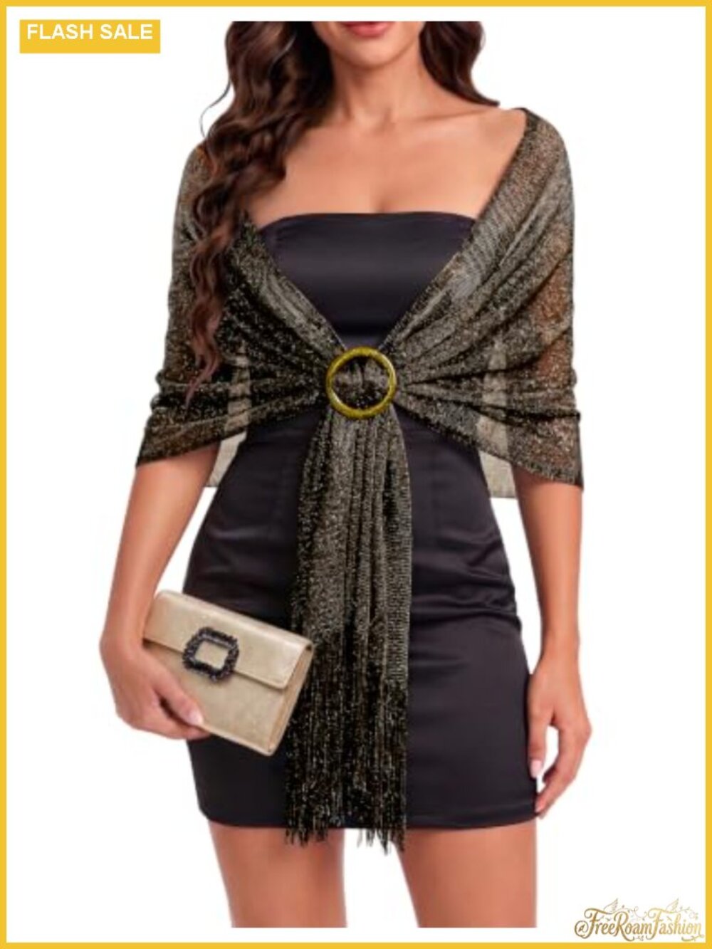 Womens Metallic Glitter Evening Shawl Wrap with Buckle Tassel Fringe